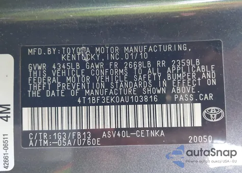 2010 Toyota Camry Le from USA, damaged, VIN 4T1BF3EK0AU103816